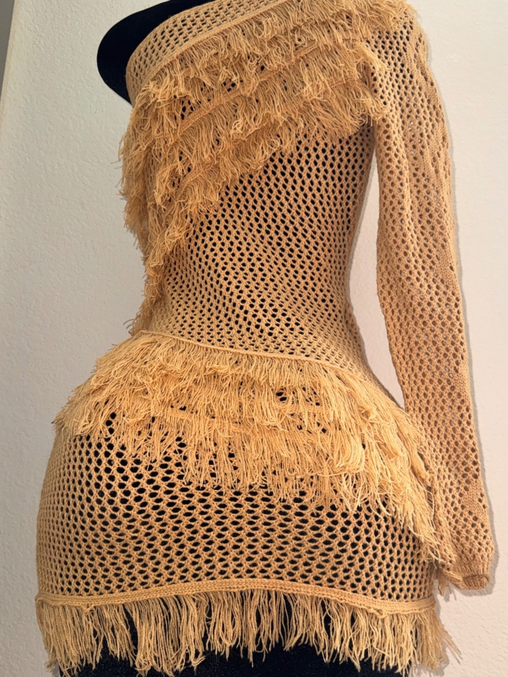 Fringe Crochet One Shoulder Cover-Up Dress | Boho Beachwear | Resort Style - Picture 4 of 7